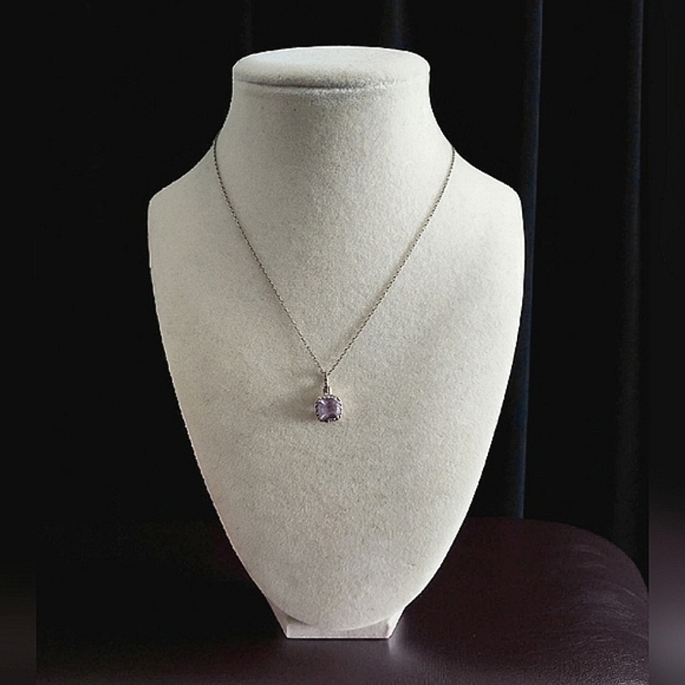 DBJ 925 Sterling Silver Lavender Cushion Halo Pendant Necklace